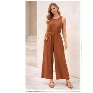LOFT Outlet Rust Gauze Wide Leg Jumpsuit Medium Sleeveless Pockets Summer Romper